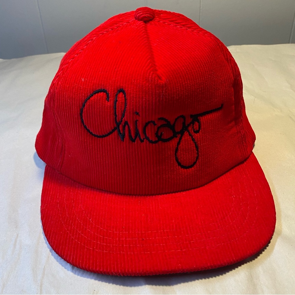 Vintage Sam Jung Corduroy Chicago Hat Red Black SnapBack